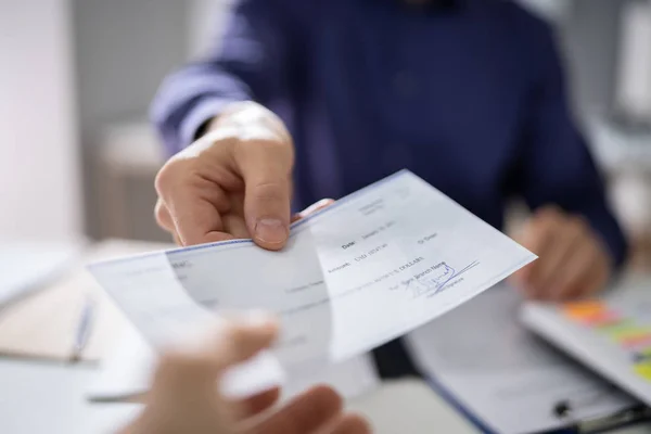 Businessperson Hands Giving Cheque Other Person — Stock Photo, Image