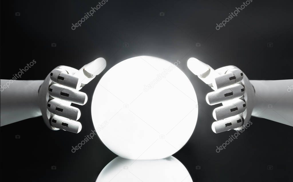 Close-up Of A Robot's Hand Predicting Future With Crystal Ball