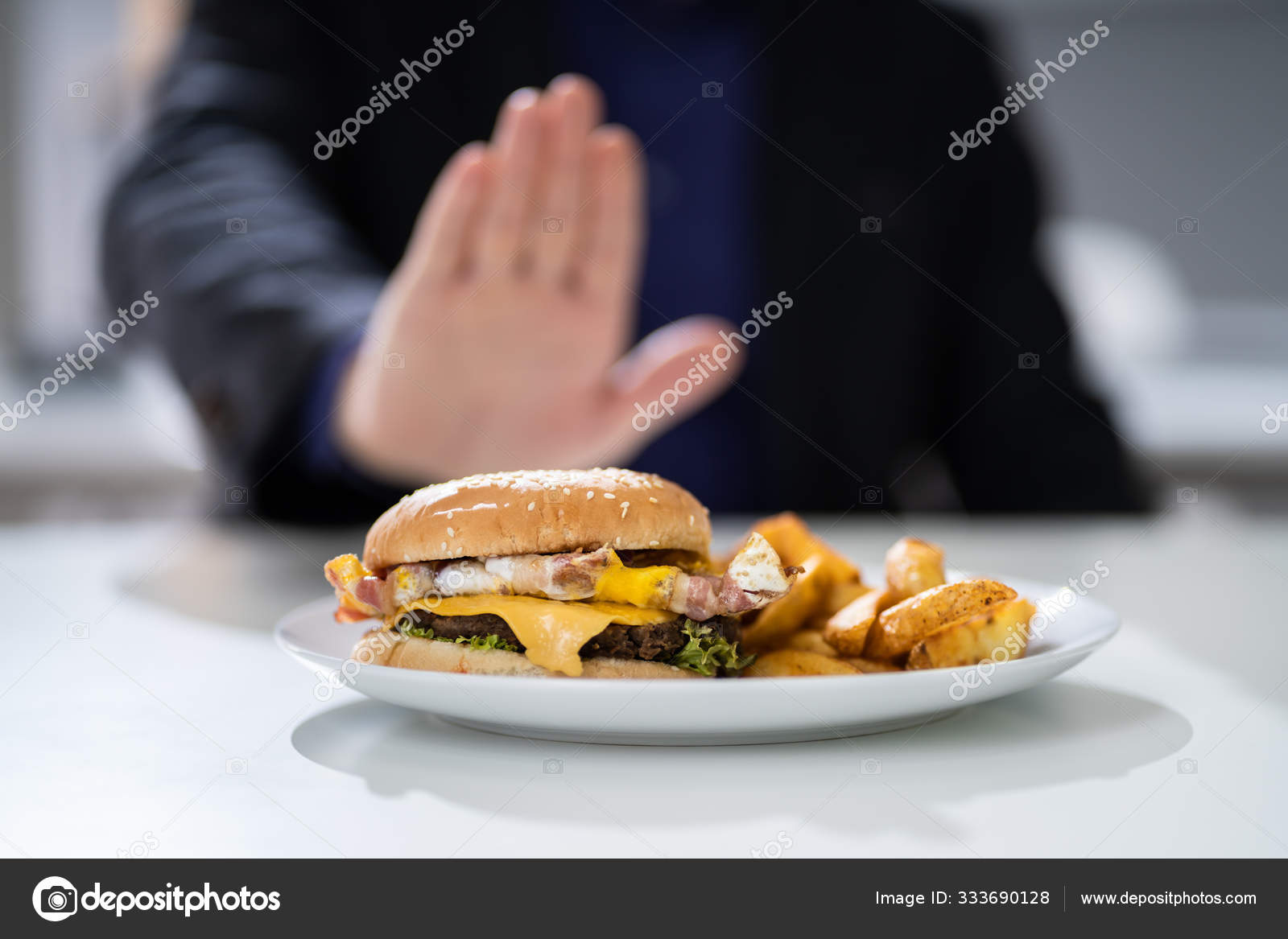 Close Man Hand Refusing Eat Fest Food Burger — Stock Photo