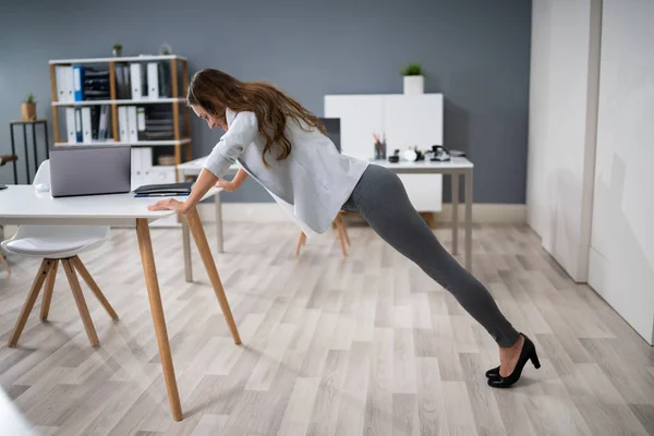 Side View Young Businesswoman Doing Push Office Desk — Stock Photo, Image