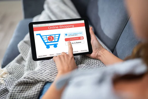Close Woman Hand Shopping Online Using Tablet Home — 스톡 사진