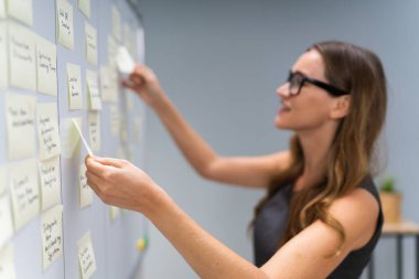 Ofisteki beyaz yönetim kuruluna eklenmiş yapışkan notlar düzenleyen iş kadınının yan görünümü