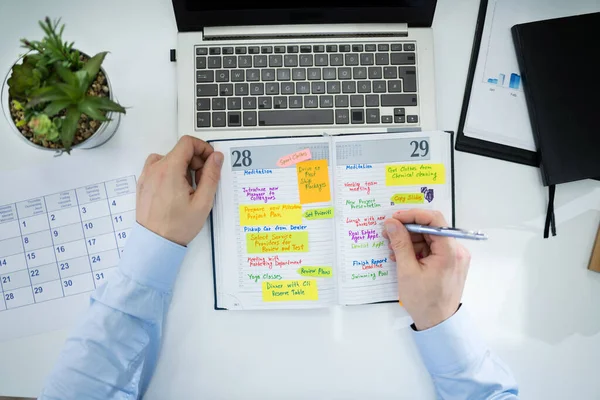 Close Businessman Writing Schedule Calendar Diary Desk — Stock Photo, Image