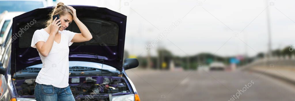 Stressed Young Woman Breakdown With Car Calling For Service On Mobilephone