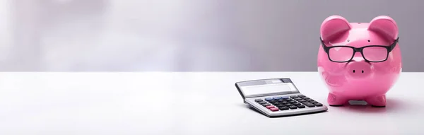 Piggybank Wearing Glasses Calculator Desk — стоковое фото