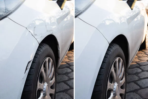 Foto Reparo Barraca Carro Antes Depois — Fotografia de Stock