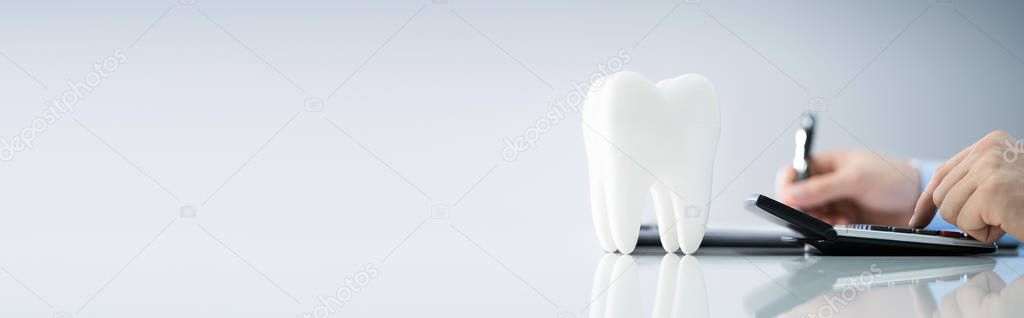 Close-up Of Tooth In Front Of Businessperson Calculating Bill