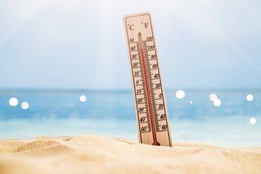Close-up Of Thermometer On Sand Showing High Temperature clipart