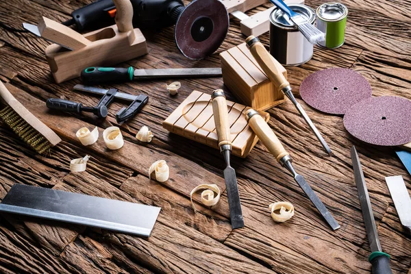 Berbagai Perkakas Carpenter Dari Perkakas Tata Letak Pada Meja — Stok Foto