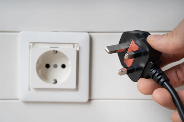 Hand Holding Incompatible Plug Wall Socket — Stock Photo, Image
