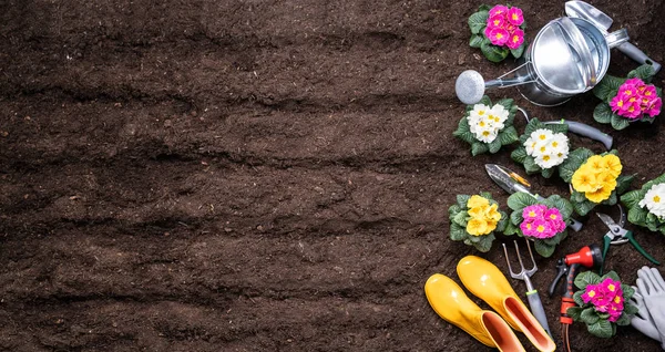 Trädgårdsredskap Och Blomkrukor Redo Att Planteras Trädgården — Stockfoto