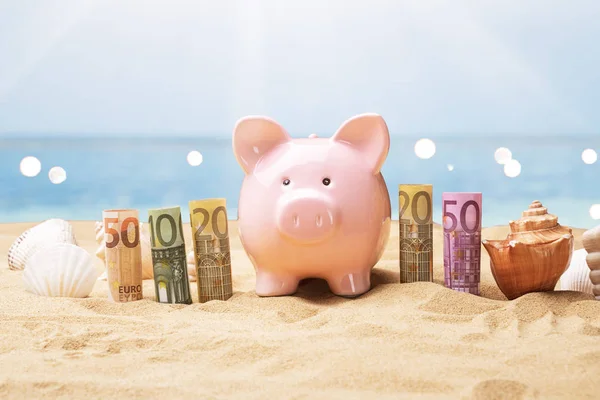 Euro Banknotes Piggybank Sunny Beach — Stock Photo, Image