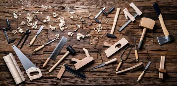 Várias Ferramentas Carpinteiro Toolkit Deitado Mesa — Fotografia de Stock