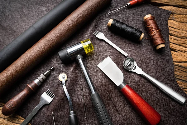 Leather Craft Tools On Desk In Tailoring Workshop