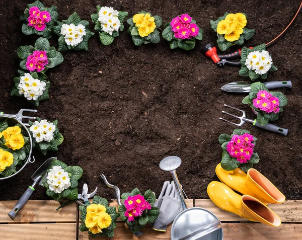 Attrezzi Giardinaggio Vasi Fiori Pronti Essere Piantati Giardino — Foto Stock