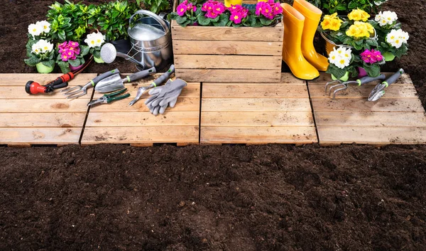 Trädgårdsredskap Som Och Blommor Solig Trädgård — Stockfoto