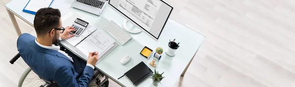 Businessman Sitting Wheelchair Using Computer — Stock Photo, Image