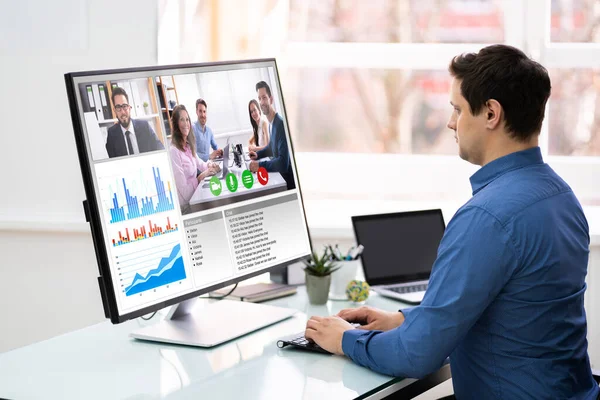 Zakenman Videoconferentie Met Team Computer — Stockfoto