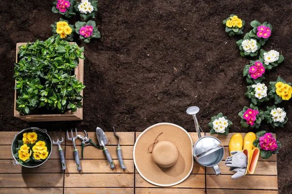Gardening Tools Flowerpots Ready Planted Garden — Stock Photo, Image
