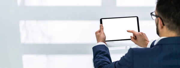 Close Businessman Looking Digital Tablet — Stock Photo, Image
