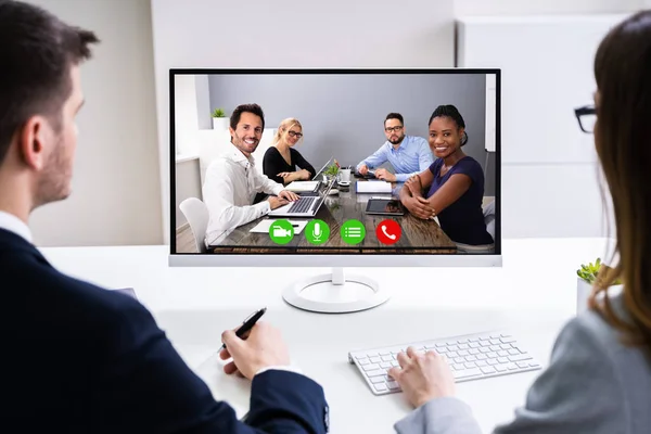 Two Young Businesspeople Video Conferencing Computer Office — Stock Photo, Image