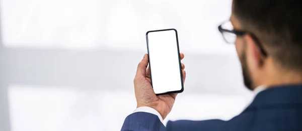 Close Person Hands Holding Mobile Phone Blank Screen Desk — Stock Photo, Image