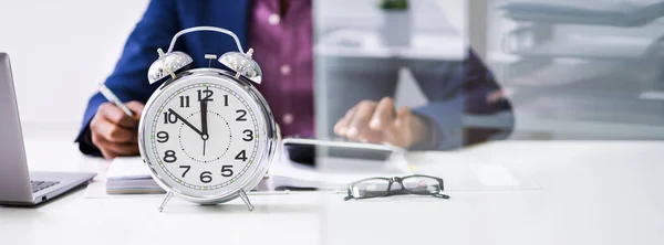 Close Alarm Clock Front Businessman Working Workplace — Stock Photo, Image