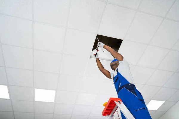 Young Male Electrician Stepladder Installing Light Ceiling — Stock Photo, Image