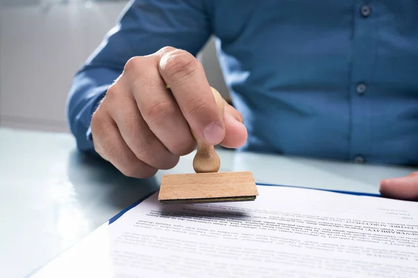 Close Businessman Hand Using Stamper Document — Stock Photo, Image