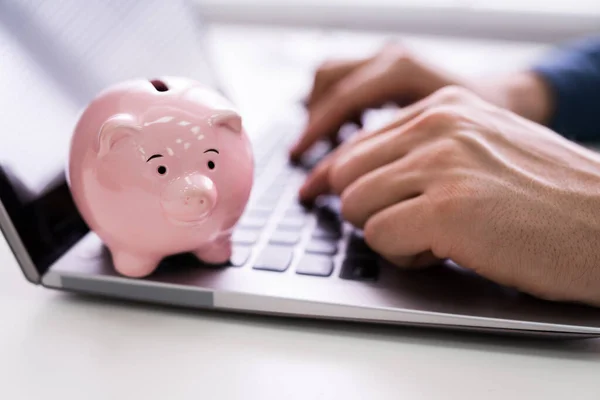 Zbliżenie Biznesmen Ręka Pracy Laptopie Pink Piggybank — Zdjęcie stockowe