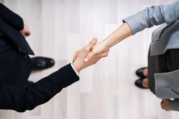 Directly Shot Businessmen Shaking Hands While Standing Tiled Floor Office — Stock Photo, Image
