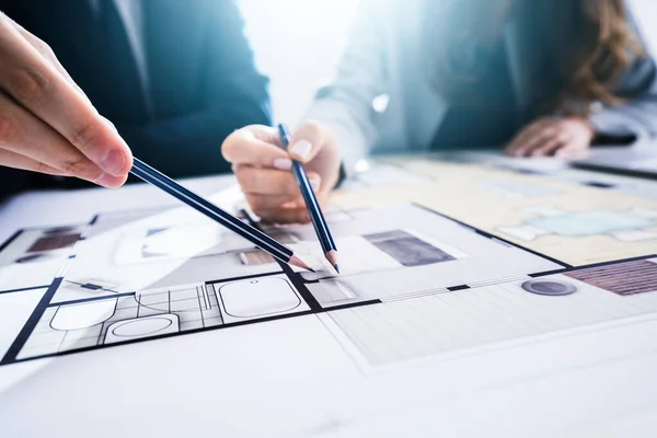 Close Two Architects Hands Working Blueprint — Stock Photo, Image