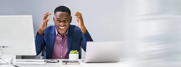 Banner Angry African Businessman Shouting Office — Stock Photo, Image
