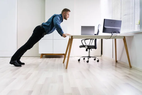 Side View Young Businessman Doing Push Office Desk — Stockfoto