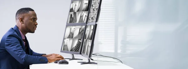 Side View Man Control Room Monitoring Multiple Cctv Footage — Stock Photo, Image