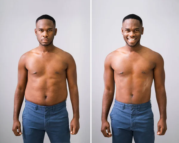 Hombre Antes Después Pérdida Peso Sobre Fondo Gris —  Fotos de Stock