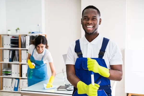Portrait Happy Male Janitor Cleaning Equipment Office — Stock Photo, Image