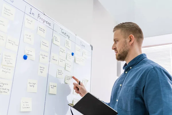 Side View Businessman Writing Sticky Notes Attached White Board Office — стоковое фото