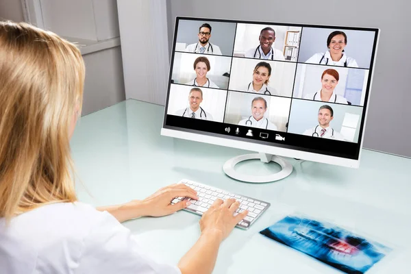 Doctor Online Medical Video Conference Diverse Team Hospital Workers — стокове фото