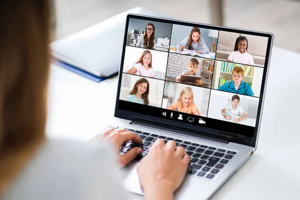 Teacher Hosting Online Class Using Video Conference Laptop — Stock Photo, Image