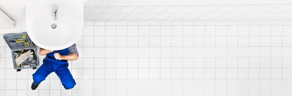 Vista Superior Dissipador Banheiro Encanamento Reparação Manutenção — Fotografia de Stock