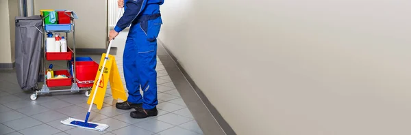 Professional Janitor Cleaning Office Cleaner Using Broom Workplace — Stock Photo, Image