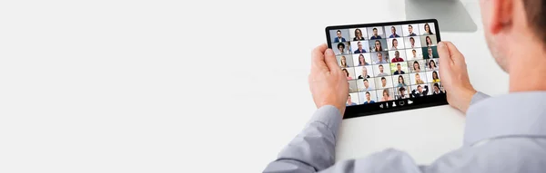 Online Video Conference Call Webinar Tablet — 스톡 사진