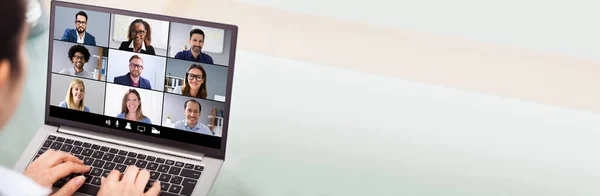 Webinar Videokonferens Laptop Konferens Nätet — Stockfoto
