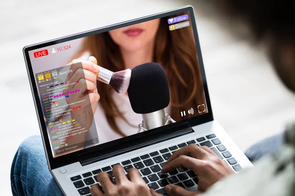 Streaming Live Asmr Video Laptop Computer — Stock Photo, Image