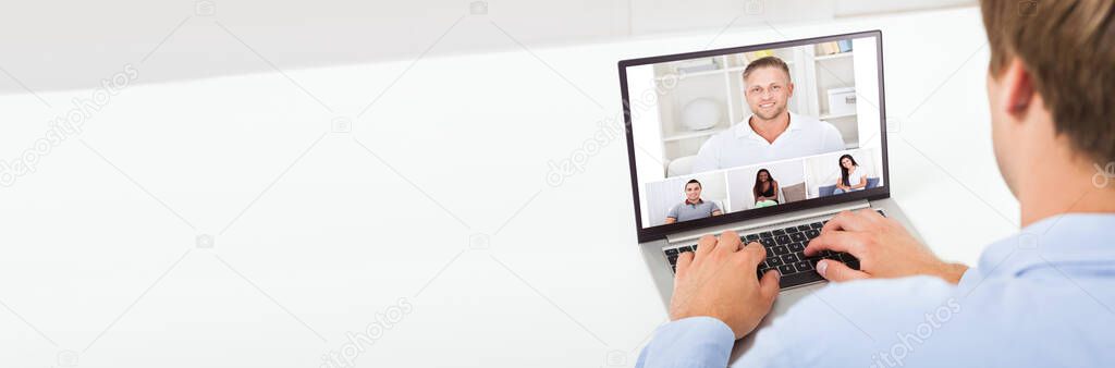 Video Conferencing Call On Computer. Work From Home Conference Meeting
