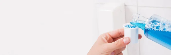 Woman Holding Mouthwash Bottle Wash Mouth — Stock Photo, Image