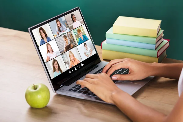 Teacher Hosting Online Class Using Video Conference Laptop — Stock Photo, Image