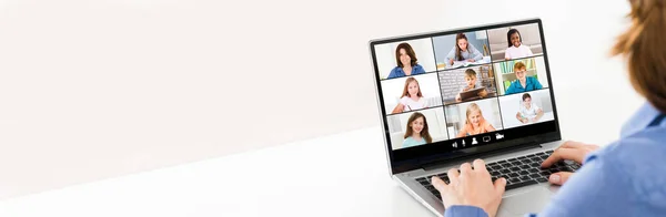 Lehrer Moderiert Online Unterricht Mit Videokonferenz Laptop — Stockfoto