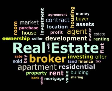 Emlâk 3d metinler kelime bulutu siyah arka plan üzerinde renkli